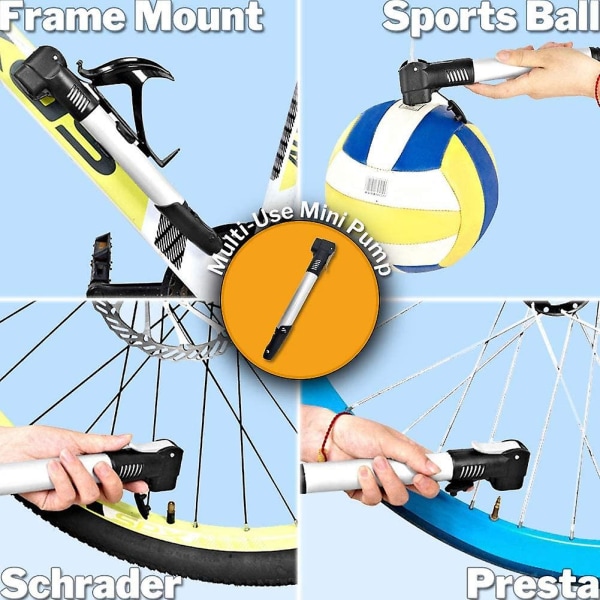 Minicykelpumpe Bærbar rammepumpe Passer til Presta & Schrader, Minicykeldækpumpe til Bmx Mountainbike Højtryk 100 Psi / 7 Bar, Inkluderer kuglepumpe