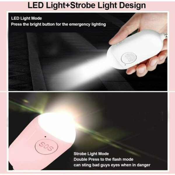 Henkilökohtainen hälytin 130 dB USB ladattava LED-taskulamolla vedenpitävä toiminto Itsepuolustus henkilökohtaisen turvallisuuden naisille,