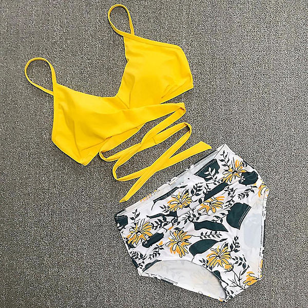 kvinnor Blommig High Waist Bikini Set Baddräkt Sommar Sexiga Badkläder Strandkläder Yellow S