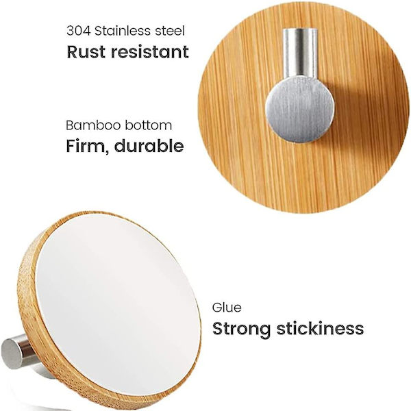 4 delar bambu väggkrok, bambu rostfria krokar, bambu självhäftande krok, ingen borrning Självhäftande handdukskrokar för badrum, toalett, kök (si
