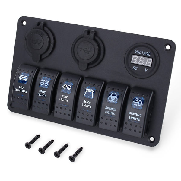 6-vejs LED båd bil vippekontaktpanel USB-udtag cigarettænderstik voltmeter