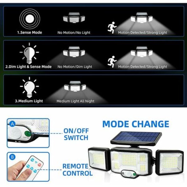 Solar Light Udendørs Væglampe LED Lys 3 Hoveder 192 LED'er Bevægelsesdetektor Sikkerhed Projektørbelysning IP65 Vandtæt S