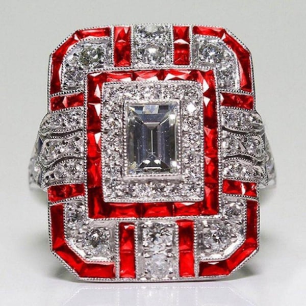Bröllopsförlovning Kvinnor Retro Cubic Zirconia Inläggningar Square Finger Ring Smycken Dark Red US 9