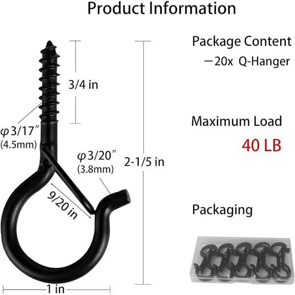 20 st svarta krokar av Q-typ, skruvkrokar för utomhusljusslingor, säkerhetsspännedesign, enkel frigöring