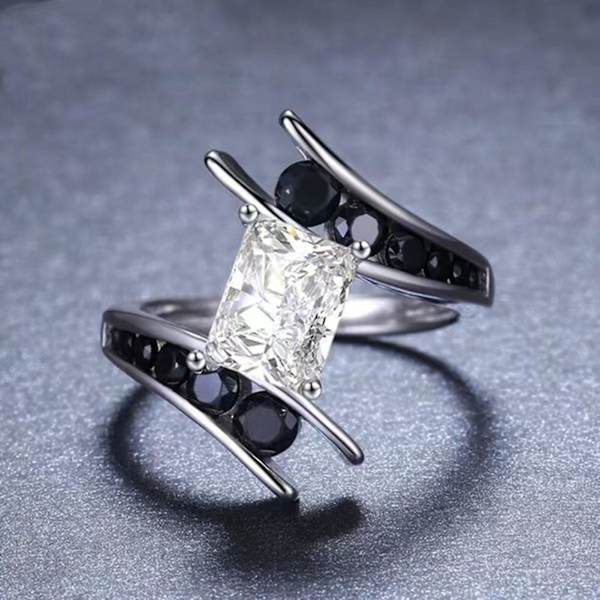 Inlagd svart strass dekorativ damring Fint utförande Fyrkantig Cubic Zirconia Spiral Creative Ring Smycken Tillbehör US 7