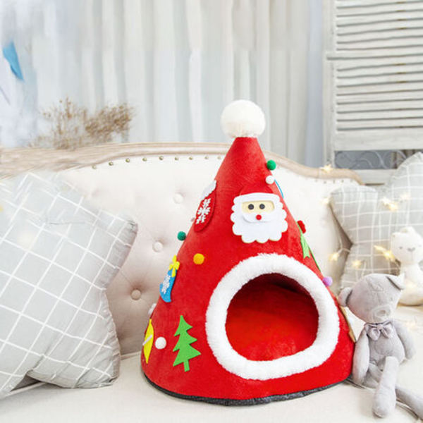 Julhatt Katthus Vindtätt Kattbo Jul Varm kattsäng för vintern Bekväm katthussäng，röd kattsäng