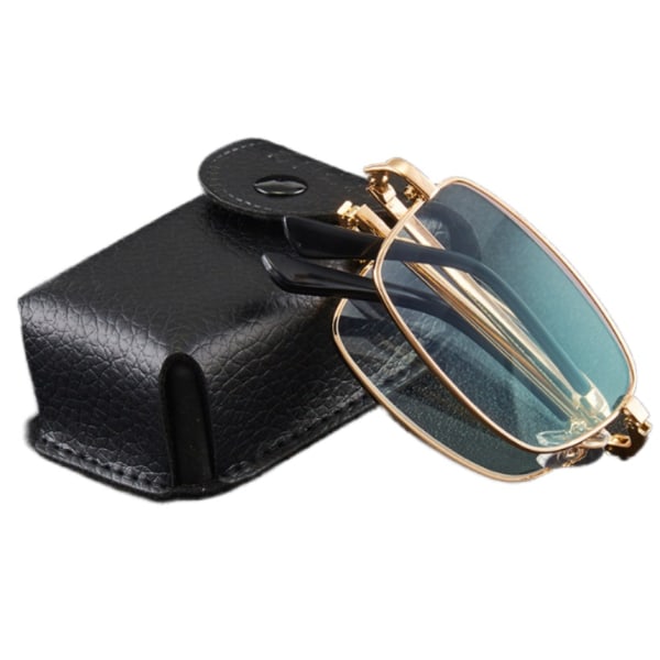 Guldramme anti-blåt lys langt og nær dobbeltbrug med læderboks bærbar folde high-definition anti-blåt lys læsebriller 150 grader