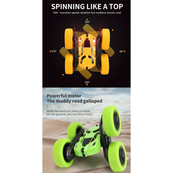 Stunt dobbeltsidet 360 graders roterende og rullende højhastighedsfjernbetjening legetøjsbil (gul)