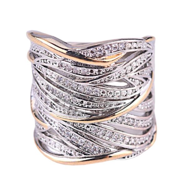 Lady Two Tone Rhinestone indlagt Crossover Multi-layer Finger Ring Party smykker US 6