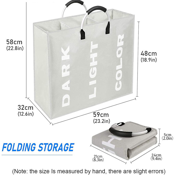 Taitettavat pyykkikorit (80 l, 60 x 32 x 49), 3 lokeroa rengaskahvalla, iso pyykkikori värikkäille, valkoisille ja tummille vaatteille