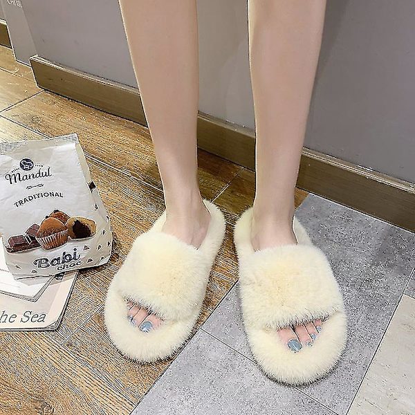 Vinter Kvinnor Hem Pälstofflor Mode Fuskpäls Varma Skor Kvinnor Slip On Flats Kvinna Hem 39