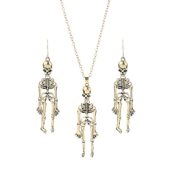 Halloween örhängen smycken mänskligt skelett hänge halsband + skalle örhängen Antique Gold