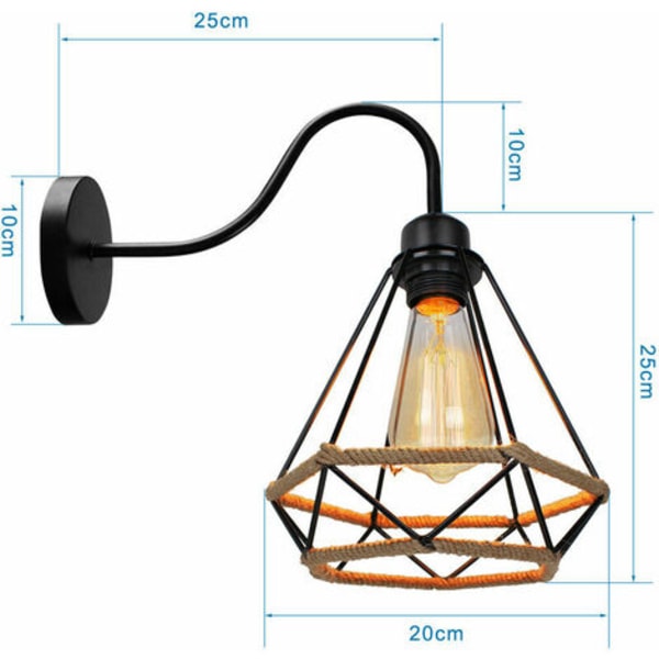 Retro Hamp Rope Væglampe E27 Metal til Soveværelse Stue Loft Sort - Sort