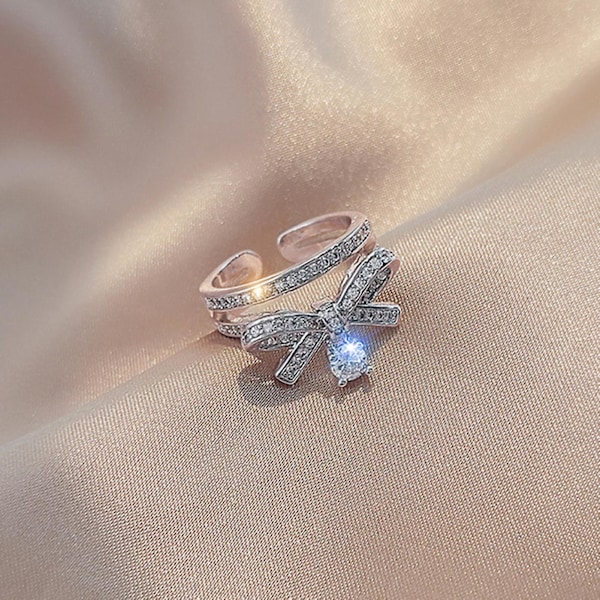 Luksuslegering Cubic Zirconia Sløjfe Dobbeltlags Rhinestone Pendant åbningsring til Valentinsdag Silver