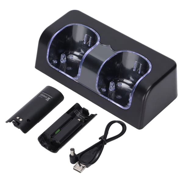 Trådløs Batterioplader med AC Adapter Stabil Bærbar Dobbelt Ladestation Dock til Wii Spilcontroller Batteri Sort