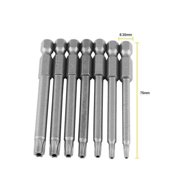 Magnetisk Sikkerheds Stjerne Skruetrækker Bits Sæt 7 stk S2 Stål 1/4 Tomme Hex Skaft 75mm T8 til T30