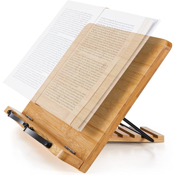 Bambus bogreol, stor opskriftsstativ læsestativ, 5 højdejusterbare foldbare køkkenhylder i træ, til lærebøger