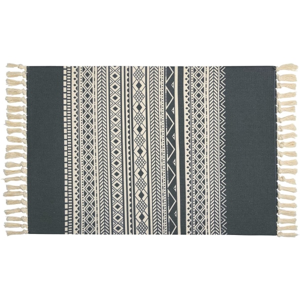 Bomullsmatta, geometriskt print Bomullsmatta med pompom, Boho köksmatta Maskintvättbar matta Handvävd fransad bomullsmatta för tvättstuga Verandahärd