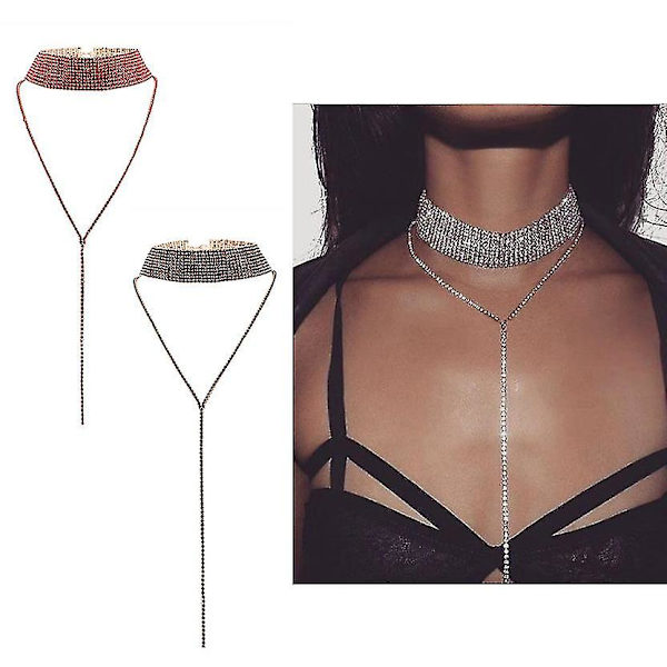 Flerrads Rhinestone Choker Halsband Rund Hals Lång Drag Justerbar Hänge Halsband Smycken För Kvinnor-röd