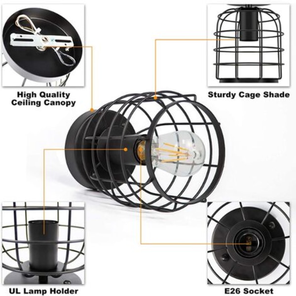 Lätt industriell retro metallbur taklampa, infälld taklampa (glödlampa ingår ej, A)