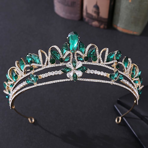 Brudkrona Huvudbonader Strasstenar Inläggningar Retro Huvudbonad Lyx Legering Krona Bröllopsfödelsedag Hår KC Gold Green Diamond