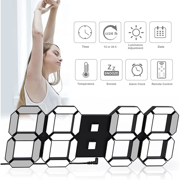 3D-seinäkello LED digitaalinen herätyskello Pöytäkello Moderni sisustus Kaukosäädin Automaattinen himmennys Hiljainen Toimisto Koti Asuminen