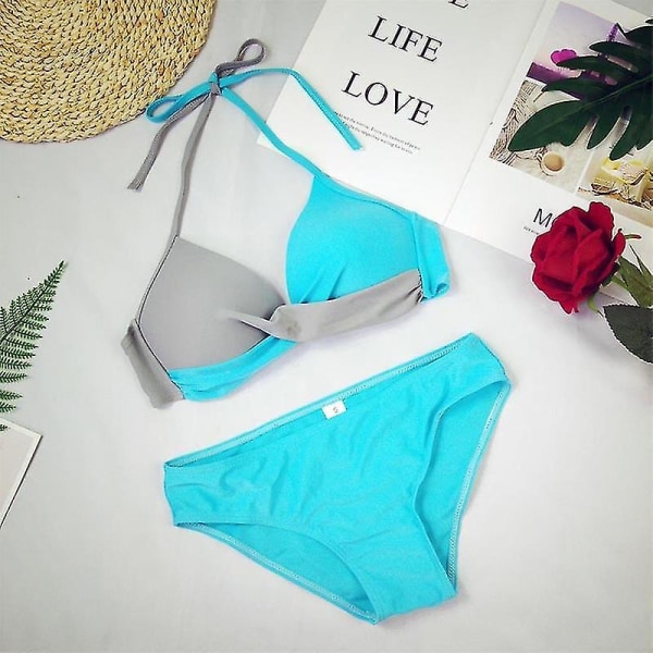 naisten set pehmustetut rintaliivit Push Up uimapuku uimapuku riimu uima-asut Rantavaatteet Light Grey Sky Blue M