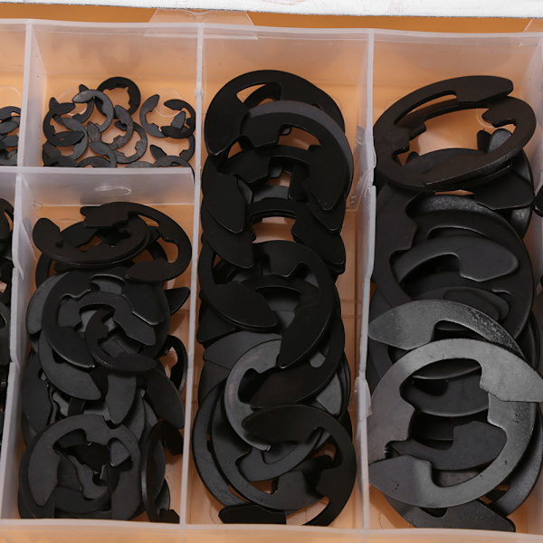 Sortimentsæske med sorte metal E-clips E-ringe til aksler, 300 stk., 3 mm til 22 mm