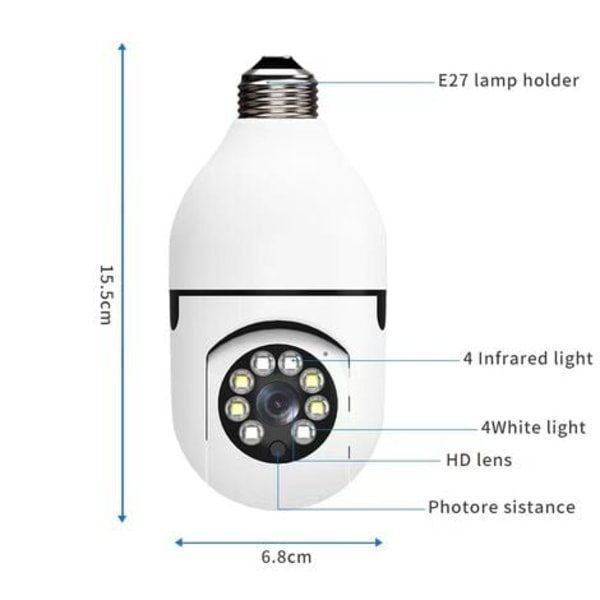 360° POLTTIKAMERA, LANGATON VALVONTAKAMERA KAUKOSÄÄTIMELLÄ APP 1080P:N KAUTTA, E27 POLTTUKAMERA