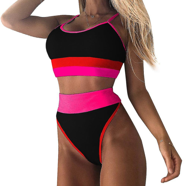 kvinnor Baddräkt High Waist Bikini Set Patchwork Sommar Beachwear Badkläder Black and Red L