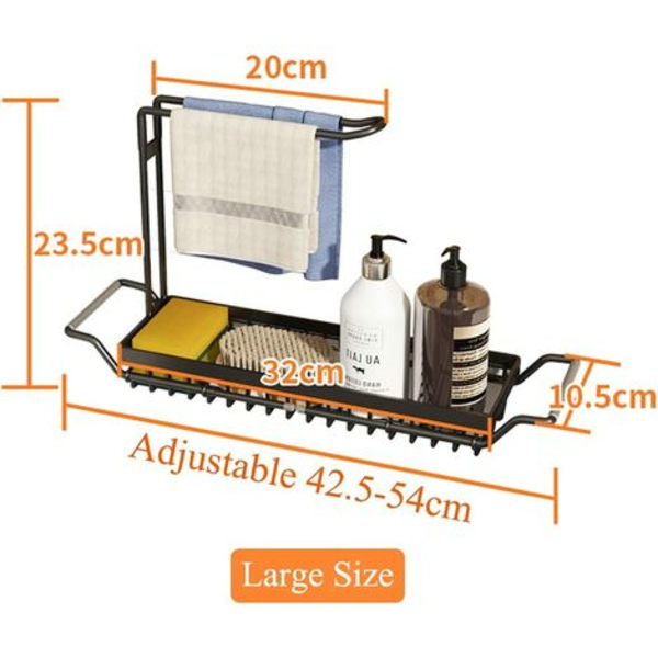 Expanderbar organizer för diskbänk med rostfritt stål disktrasa hängande skena (stor, svart)