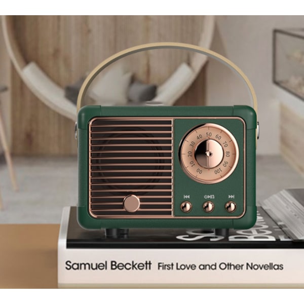Bärbar radio, vintage radio, batteridriven radio med överdimensionerad inställningsratt, grön