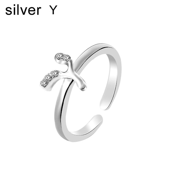 Mode Kvinder Simpel A til Z Engelsk Alfabet Bogstav Rhinestone Åben Ring smykker Silver B
