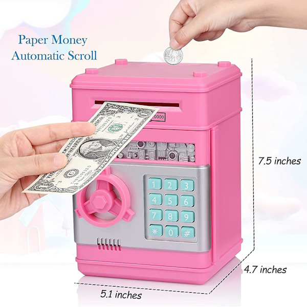 Adgangskode ATM sparegris, pink+sølv, 13,5*12*19cm