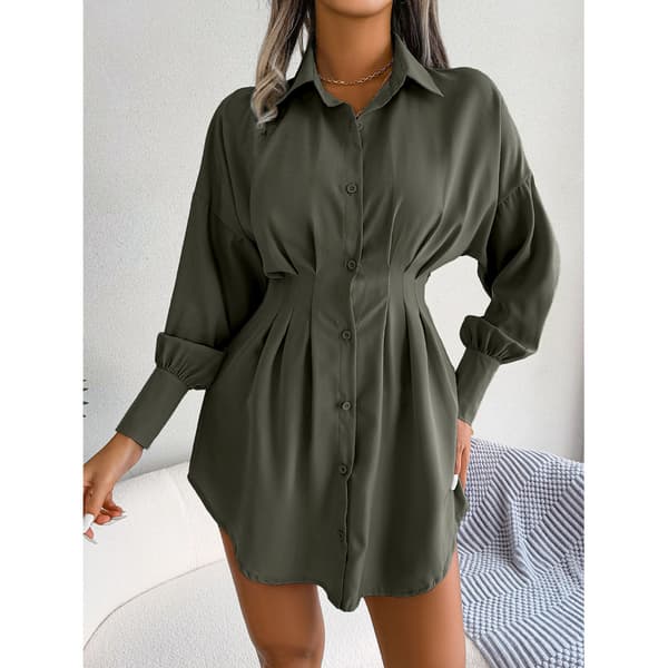 Polyester Mini Kjol Klänning Plisserad Midja Asymmetrisk Cape Krage Knäppning Olivgrön