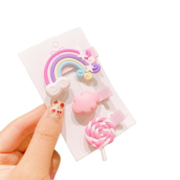 3 stk søde børnehårnåle med regnbue slikkepinde og sky babypige hårtilbehør uden Pink Cloud