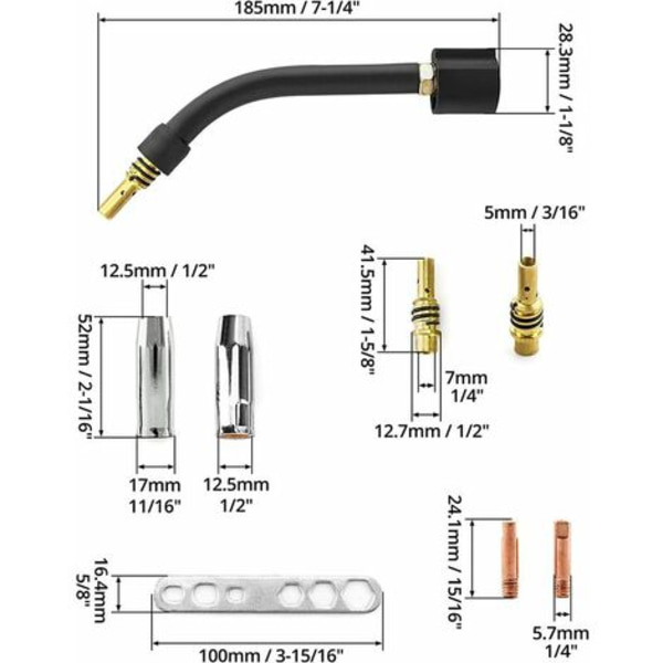 MB15AK MIG Gun Accessories Kit, 0,8 mm M6 kontaktspets + spetshållare diffusor + skyddskopp + pistolhals + plåt, 18 st