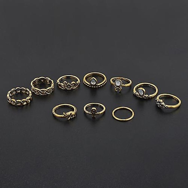 10kpl/ set Retro Boho Elephant Flower Moon Bove Knuckle Midi Finger Ring Korut Silver