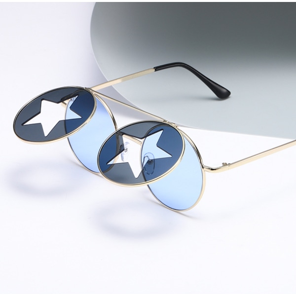 Party Punk Flip Star -aurinkolasit Naisten Eurooppalaiset ja Amerikkalaiset Trend Funny -aurinkolasit (Blue Film Gold Frame),
