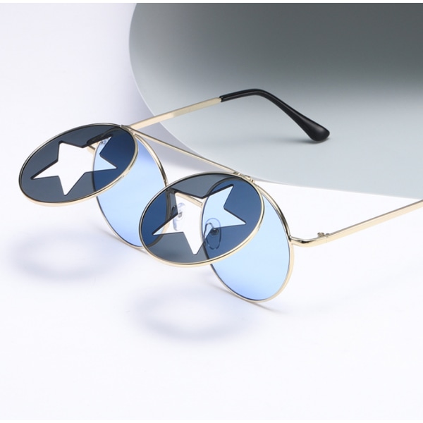 Party Punk Flip Star Solglasögon Kvinnor Europeisk och amerikansk trend Roliga solglasögon (Blue Film Gold Ram),