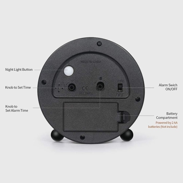 4 tums rund metallväckarklocka Bordsklocka Silent Sweep Second Night Light , svart , 11*5*11,4 cm,