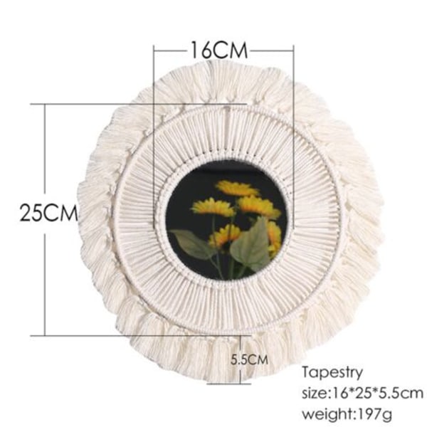 Boho Macrame Fringe Väggspegel med Träpärla Fjäderhänge Rund Väggkonstspegel för sovrum Hall Vardagsrum H