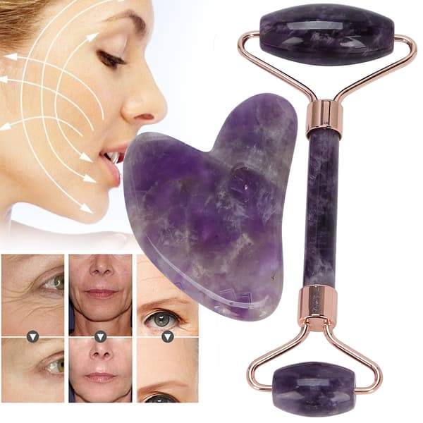 Bärbar Ansiktsroller Massager Hjärtformad Gua Sha Board Set Ametistroller