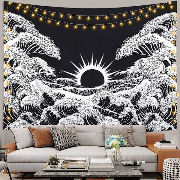 Seinävaippa Mandala Tapestry Great Waves and Ocean Sunset Mustavalkoinen kuvakudos Seinävaatetus Olohuoneen makuuhuoneessa (150*130 harjattu)