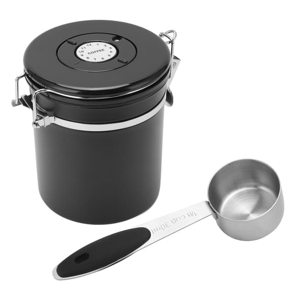 Lufttæt kaffebønnebeholder i rustfrit stål 1,5L sort med 30 ml scoop og datomarkør
