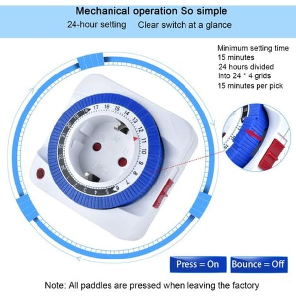 Mekanisk timer med 96 koblingssegmenter, 24-timers plug-in timer, børnesikring, stikkontakt, timer, 3680W knap