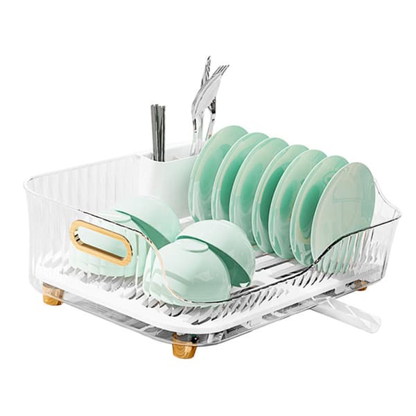 Oppvaskstativ i plast, transparent hvit, redskapsholder, dreneringsvisualisering