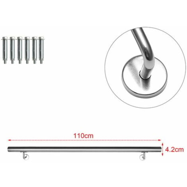 Gelænder, rund trappegelænder i rustfrit stål, indvendig og udvendig Ø 42 mm, vægbeslag, sølv 110cm - Sølv