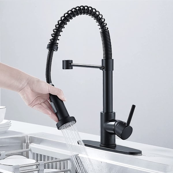 Køkkenarmatur med Pull Down Spray, Solid Messing Sort Fjederbelastet Kommerciel Køkkenvask Armatur med 10" Montering De