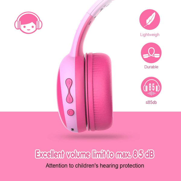 Bluetooth barnhörlurar med 85dB begränsad volym, trådlösa Bluetooth hörlurar för barn pink